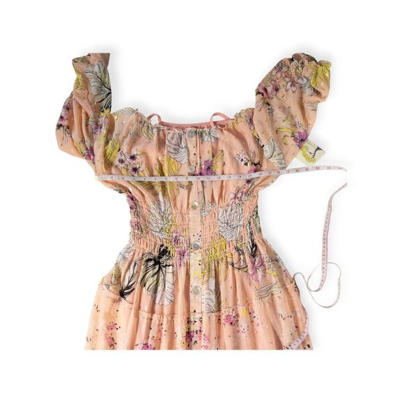 Floral Boho Maxi Dress By Fig & Flower  Smocked Waist Button-Down Puff Sleeves - Picture 7 of 11